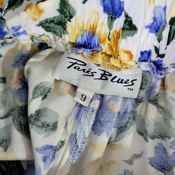 Vintage 90s Paris Blues Blue Yellow Floral Pleated High Waisted Flowy Shorts - Picture 5 of 7
